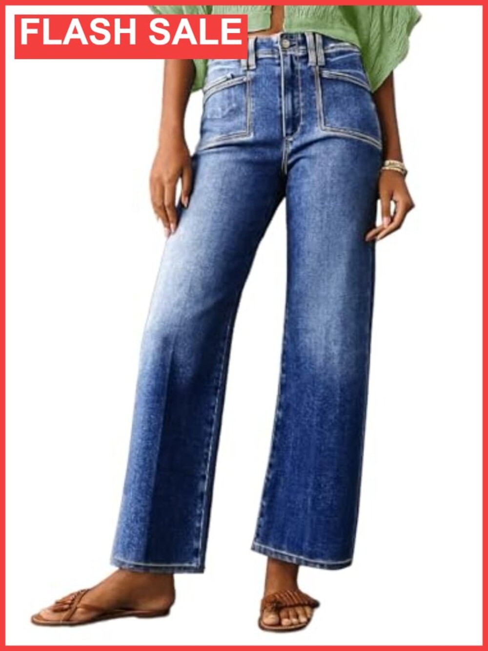 High Waisted Wide Leg Stretchy Jeans Buttoned Denim Pants with Pockets